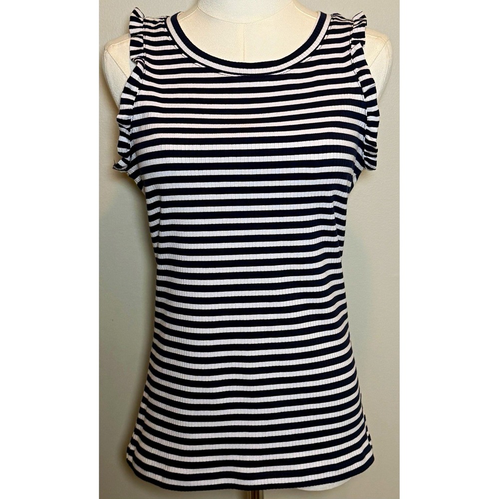 Crown & Ivy Navy/White Striped Knit Ruffle Sleeve Round Neck Tank Top Women S